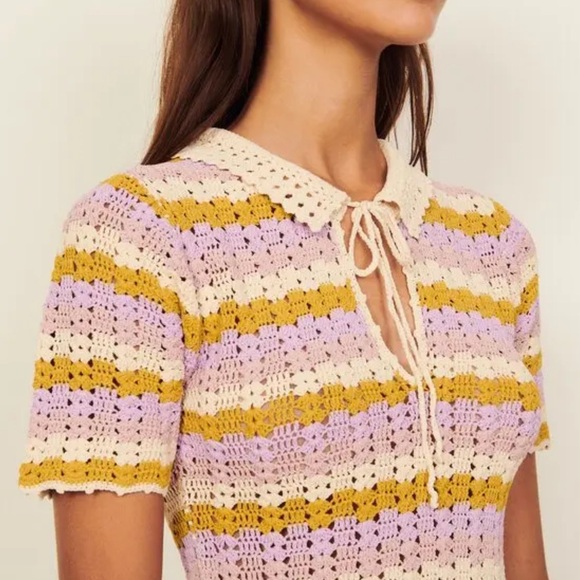 SANDRO Multicoloured Crochet Wavy Lined Collared Keyhole Ruffle Polo Dress US 8 - Picture 3 of 10